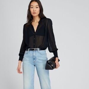 Club Monaco Smocked Yoke Sheer Blouse Size Large Black